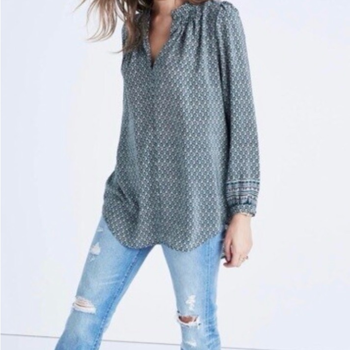 Madewell Teal Silk Patterned Blouse